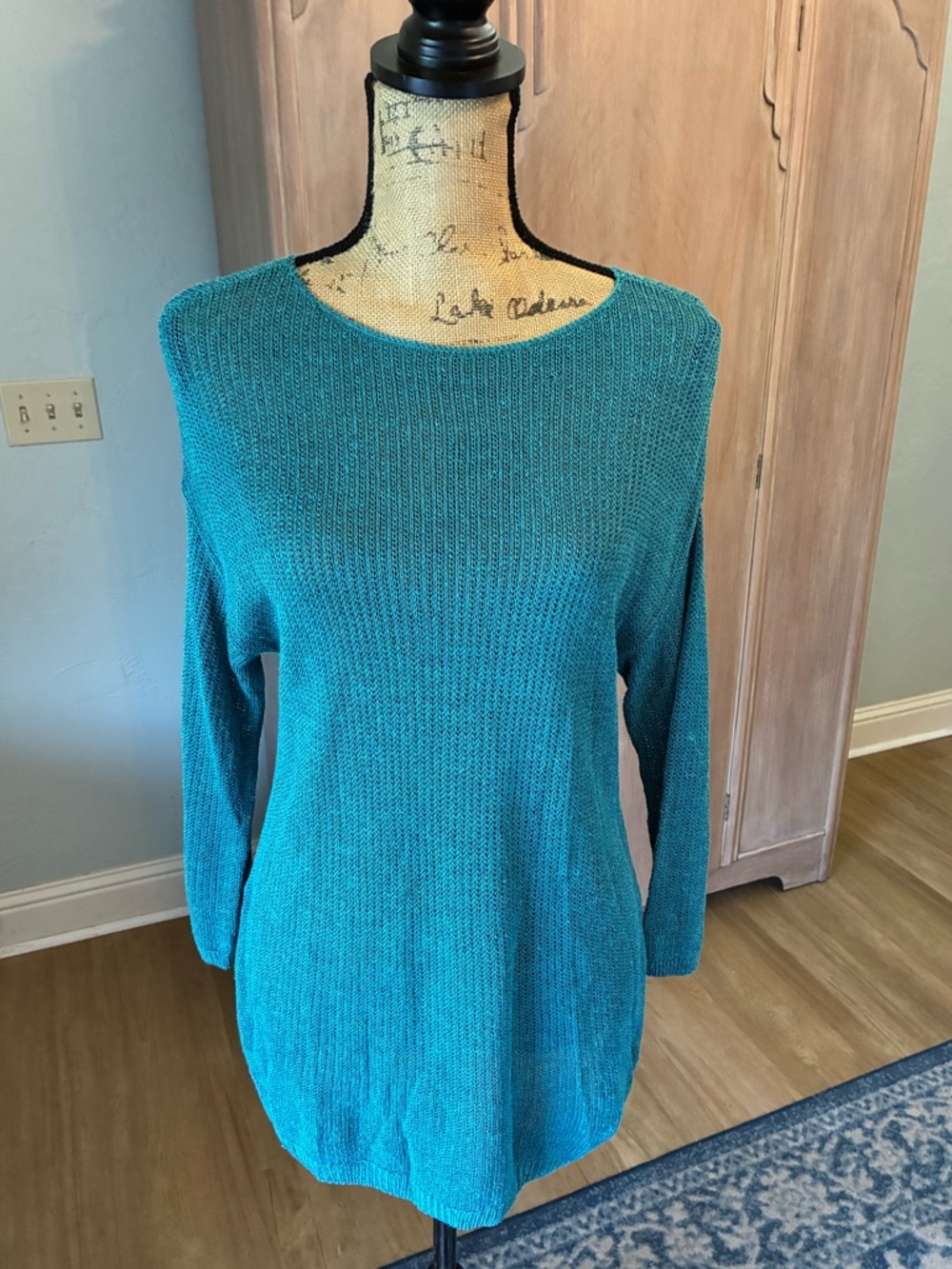 J. Jill Linen Blend Tunic Sweater Aqua Blue Open Knit Beachy Artsy M
